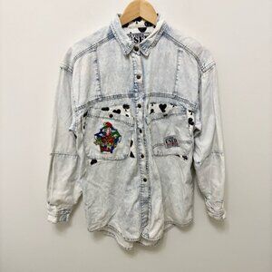 Vintage Get Used by Elie Acid Wash Denim Shirt Patchwork Joker Cards Small